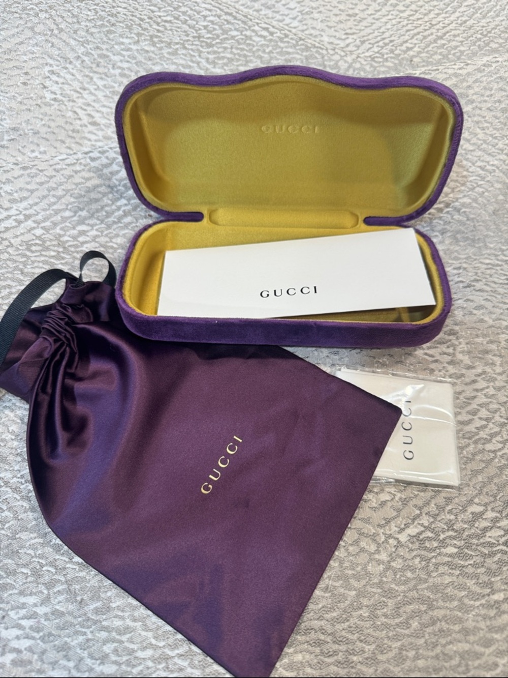Gucci Purple Velvet Sunglass Case with Gold Logo & Yellow Interior
